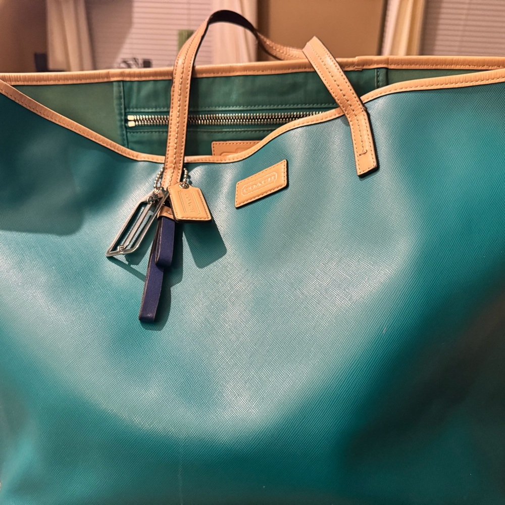 Coach Turquoise and Tan Tote Bag